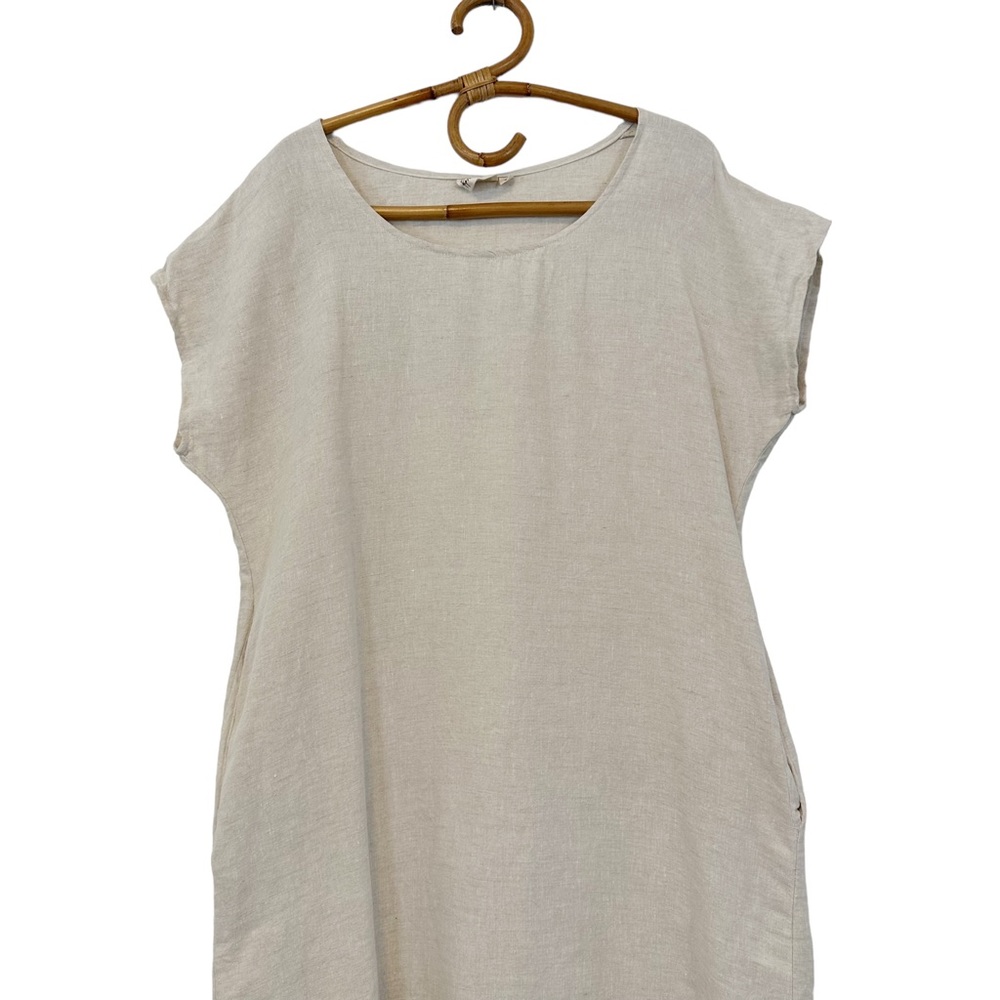 Peplum Co. | 100% Linen Short Sleeve Oatmeal Midi Dress Size S - Picture 2 of 9